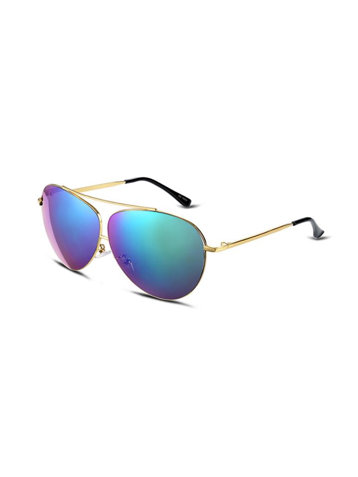 Shein Gold Frame Double Bridge Blue Mirrored Aviator Sunglasses