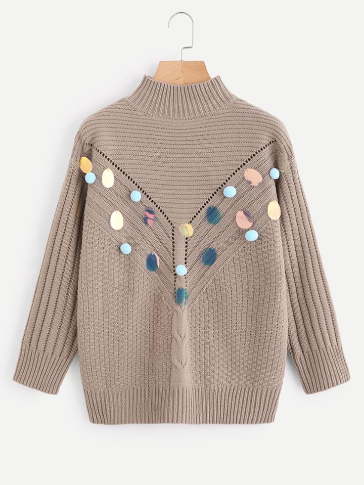 Shein Sequin And Pompom Embellished Eyelet Mixed Knit Jumper