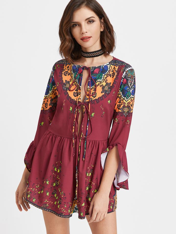 Shein Burgundy Vintage Print Split Tie Front Ruffle Sleeve Romper