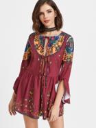 Shein Burgundy Vintage Print Split Tie Front Ruffle Sleeve Romper