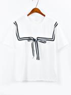 Shein Striped Bow Embellished T-shirt - White