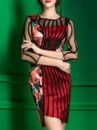 Shein Red Sheer Disc Flowers Print Asymmetric Dress