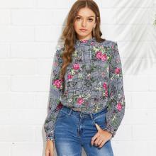Shein Frill Detail Floral & Plaid Top