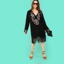 Shein Plus Floral Embroidered Fringe Hem Dress