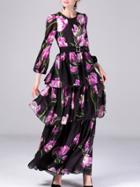 Shein Black Ruffle Print Beading Obi Dress