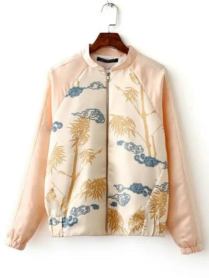 Shein Apricot Elastic Cuff Printed Zipper Jacket