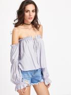 Shein V Notch Tie Front Puffed Sleeve Bardot Top