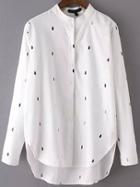 Shein White Stand Collar Drop Embroidered Dip Hem Blouse
