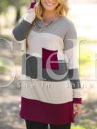 Shein Burgundy Grey Round Neck Color Block T-shirt