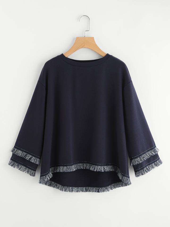 Shein Tiered Fringe And Tape Patch Trim Dip Hem Sweatshirt