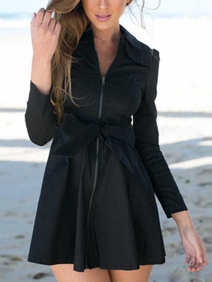 Shein Black Lapel Zipper Bow Flare Dress