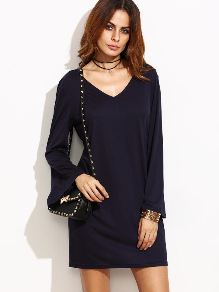 Shein Navy V Neck Bell Sleeve Tunic Dress