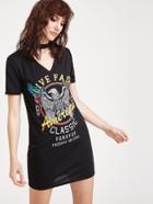 Shein Black Printed Cut Out Choker Neck Tee Dress