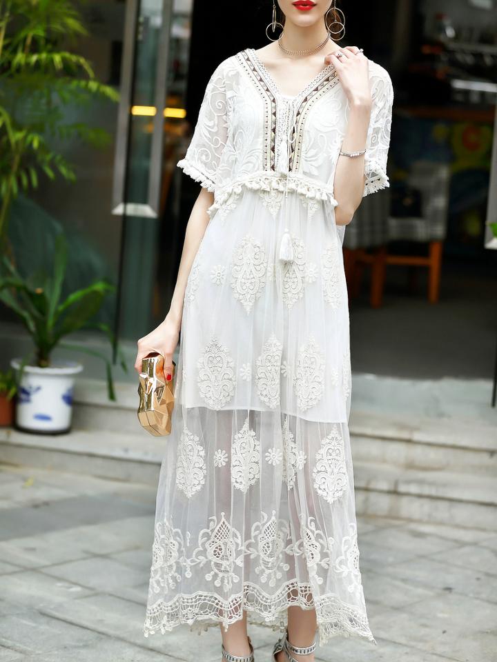 Shein V Neck Fringe Gauze Embroidered Sheer Dress