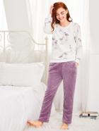 Shein Flamingo Print Plush Pullover & Pants Pj Set