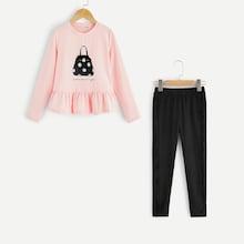 Shein Girls Ruffle Hem Bag Print Tee & Pants Pj Set