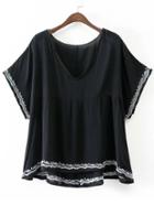 Shein Black V Neck Embroidery Trim Batwing Sleeve Blouse
