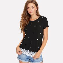 Shein Pearl Beading Lace Hem Tee