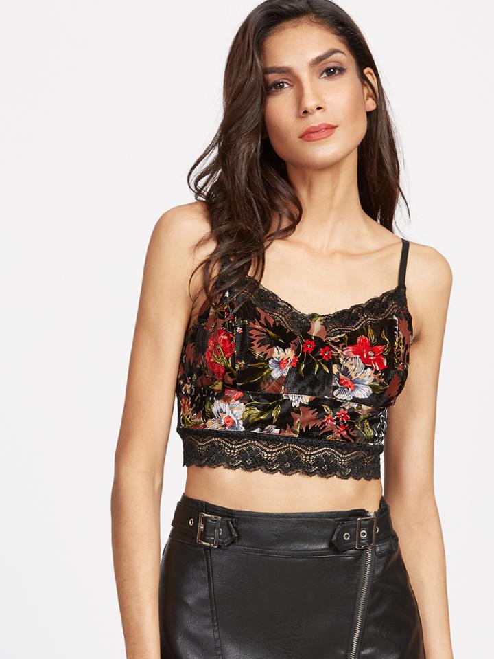Shein Multicolor Lace Trim Flower Print Crop Cami Top
