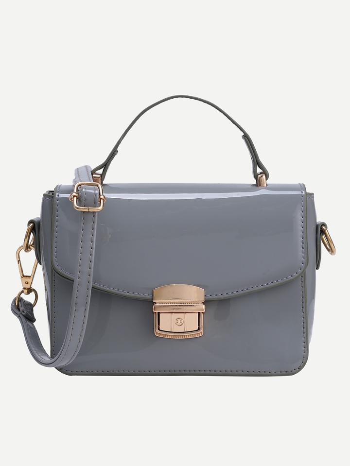 Shein Faux Patent Leather Push-lock Flap Bag - Grey