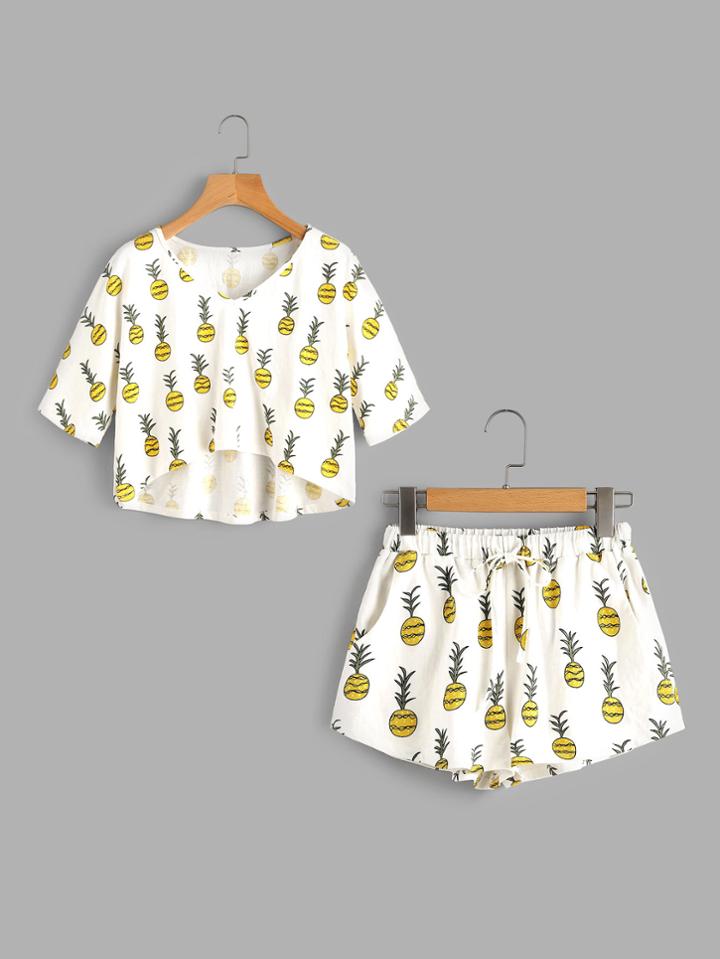 Shein Allover Pineapple Print High Low Tee And Shorts Pajama Set