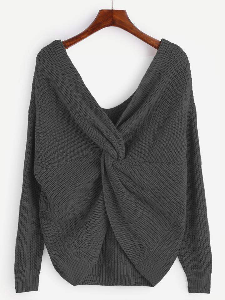 Shein Dark Grey V Neck Knotted Sweater