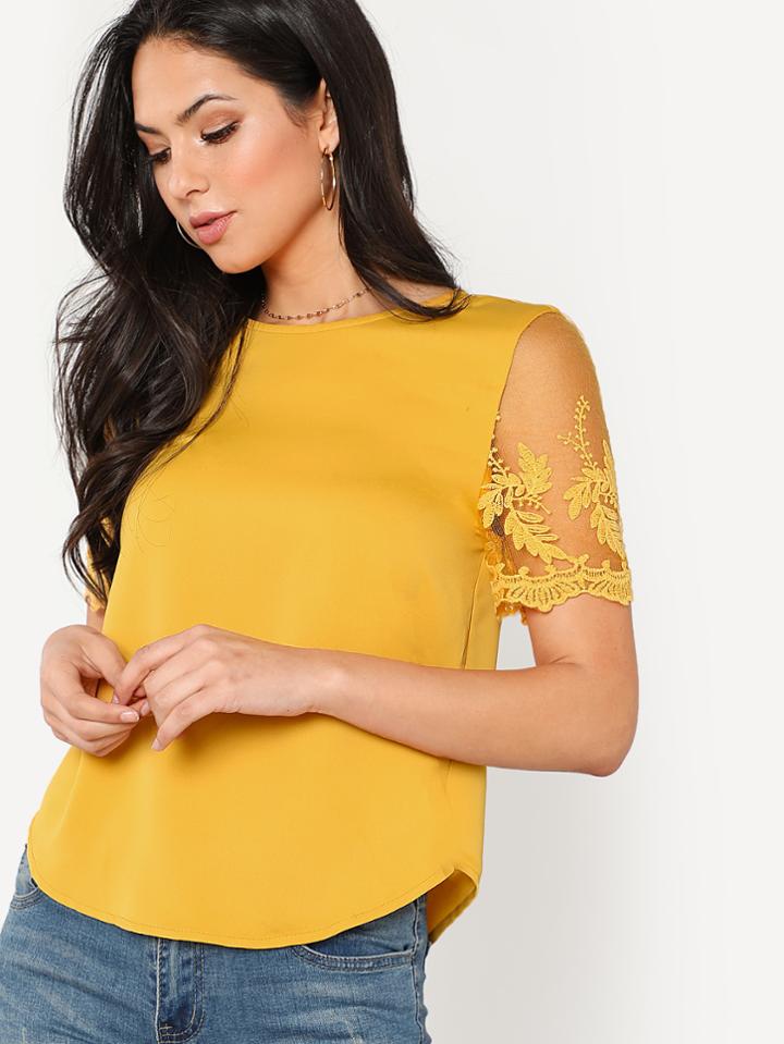 Shein Flower Mesh Sleeve Curved Hem Blouse