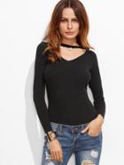 Shein Black Ribbed Cut Out Neck Pearl Pendant Detail Sweater