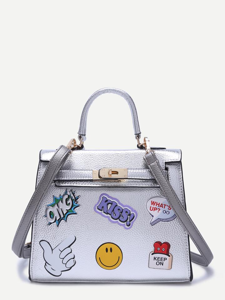 Shein Silver Pebbled Pu Logo Print Handbag With Strap