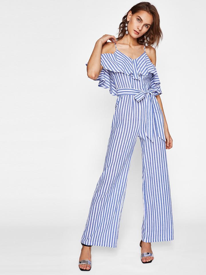 Shein Flounce Cold Shoulder Self Belted Jumpsuit