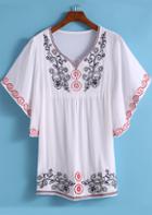 Shein White V Neck Batwing Sleeve Embroidered Blouse