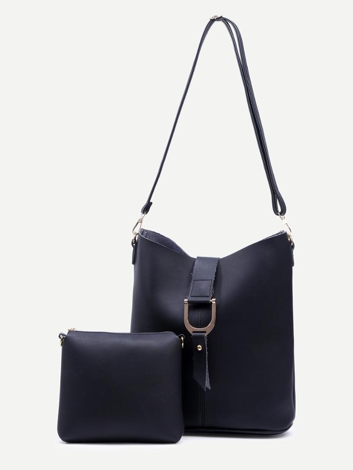 Shein Black D Ring Strap Front Bucket Bag With Makeup Bag