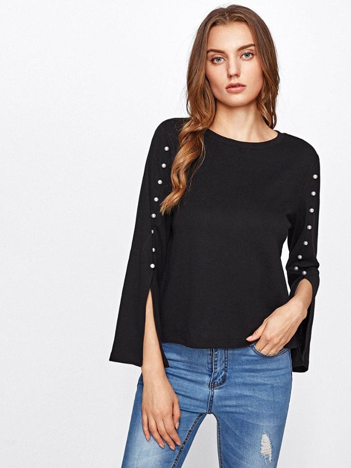 Shein Pearl Beaded Split Sleeve Top