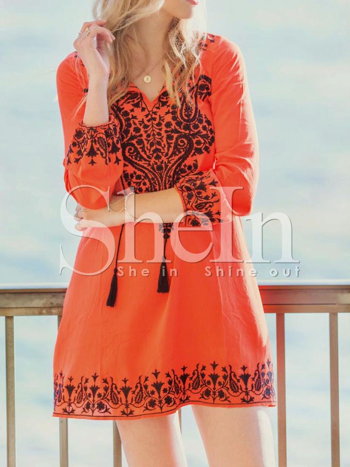 Shein Orange Drawstring Neck Tribal Print Dress