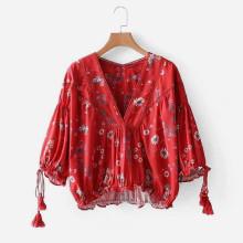 Shein Ladder Lace Panel Calico Print Blouse