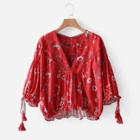 Shein Ladder Lace Panel Calico Print Blouse