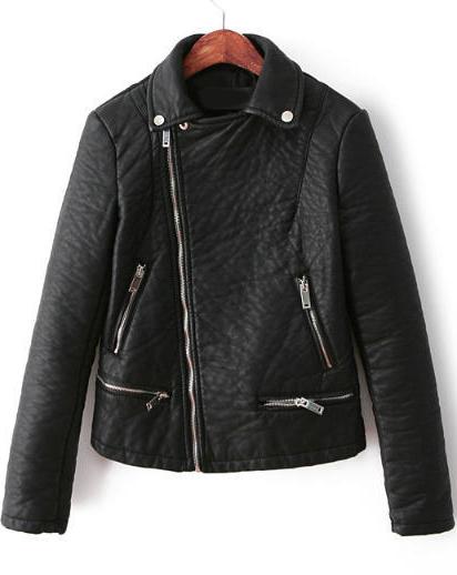 Shein Black Long Sleeve Oblique Zipper Crop Pu Jacket