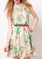 Rosewe Vintage Flower Print Design Chiffon Dress With Belt