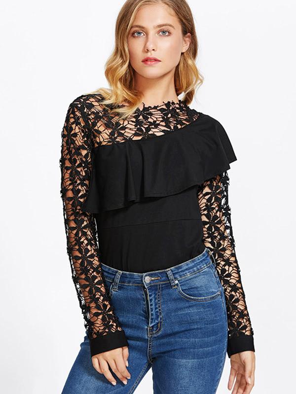Shein Asymmetric Flounce Trim Mixed Media Top