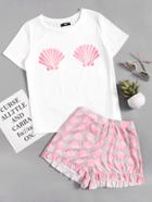 Shein Seashell Print Top With Frill Hem Shorts