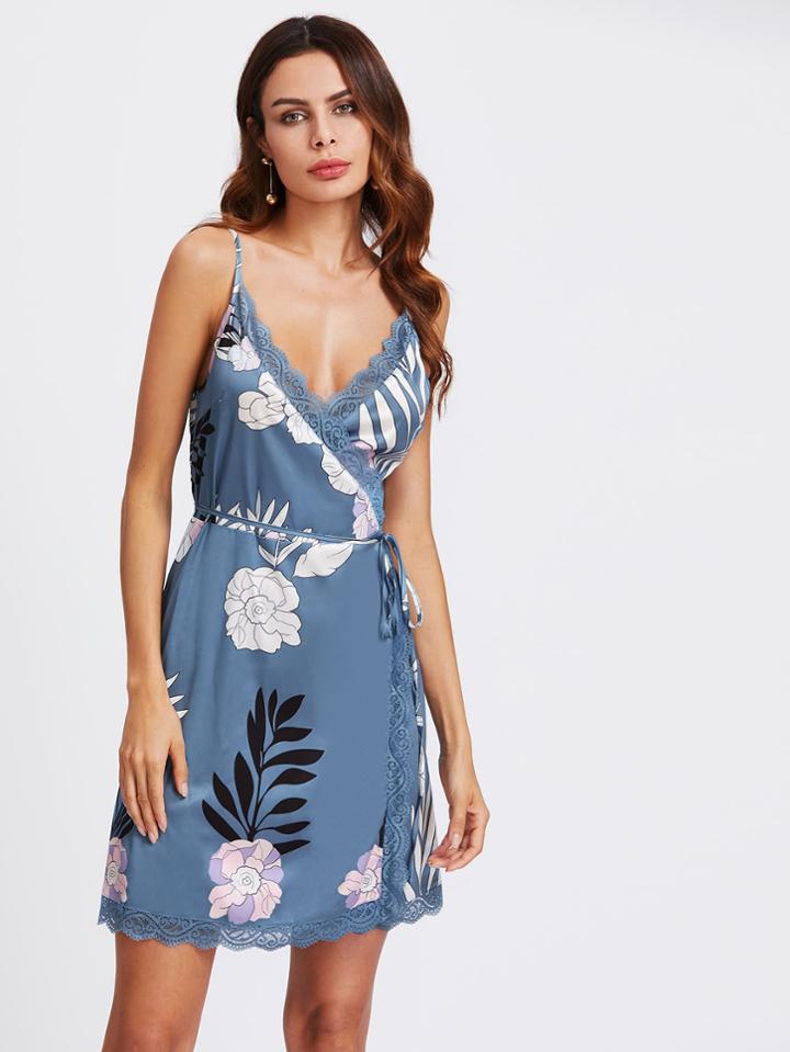 Shein Flower Print Lace Trim Surplice Wrap Slip Dress