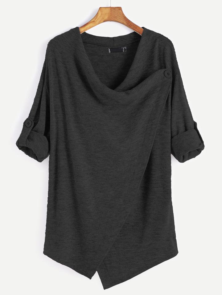 Shein Black Roll Tab Sleeve Asymmetric Hem Cardigan