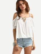 Shein White Lace Trimmed Cold Shoulder Top