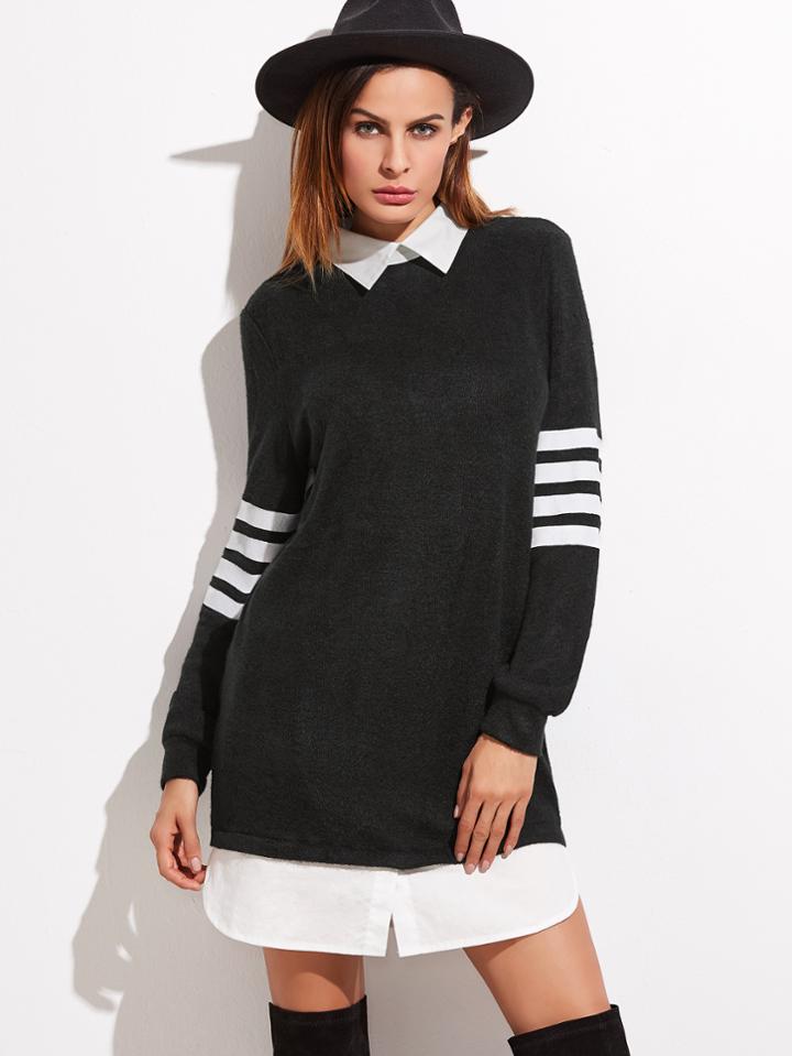 Shein Black Contrast Collar And Hem Striped Sleeve Sweatshirt Dress