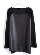 Rosewe Comfy Long Sleeve Round Neck Pu Patchwork Black Tees