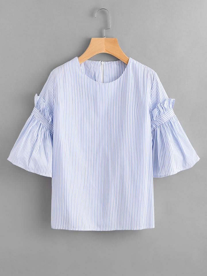 Shein Pinstripe Frill Trim Bell Sleeve Top