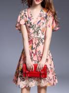 Shein Pink V Neck Tie-waist Floral Dress