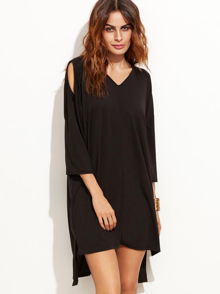 Shein Black Open Shoulder Slit Side High Low Tee Dress