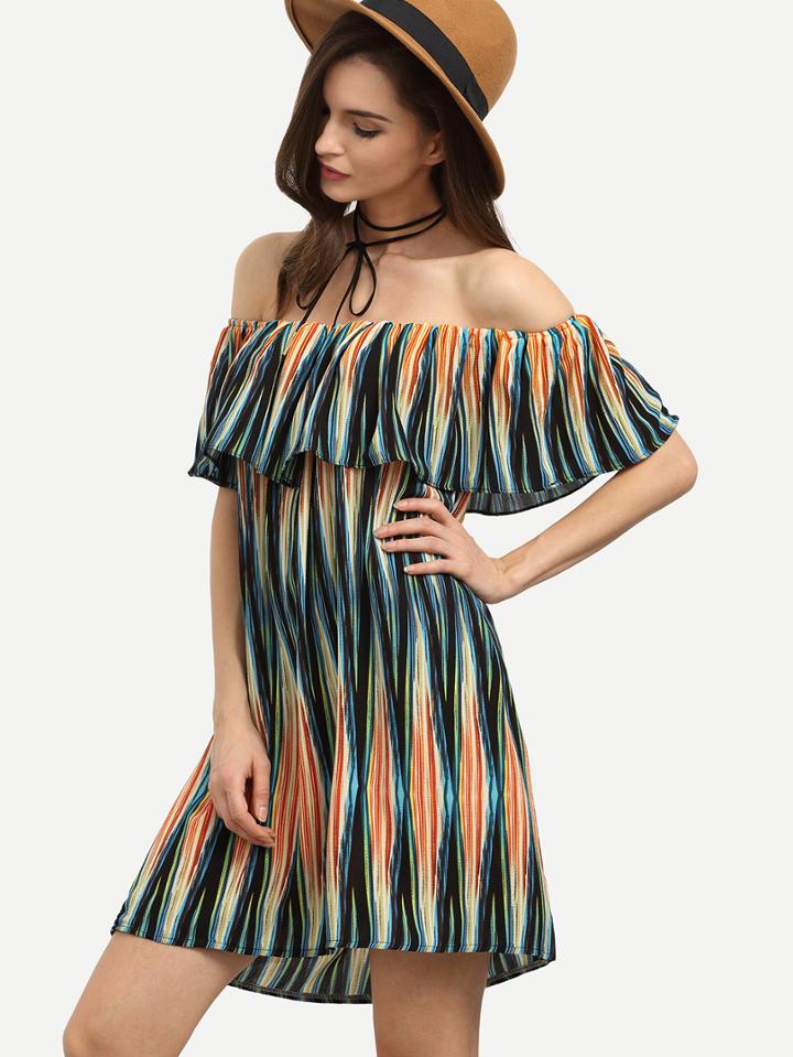 Shein Multicolor Off The Shoulder Print Ruffle Chiffon Dress