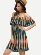 Shein Multicolor Off The Shoulder Print Ruffle Chiffon Dress